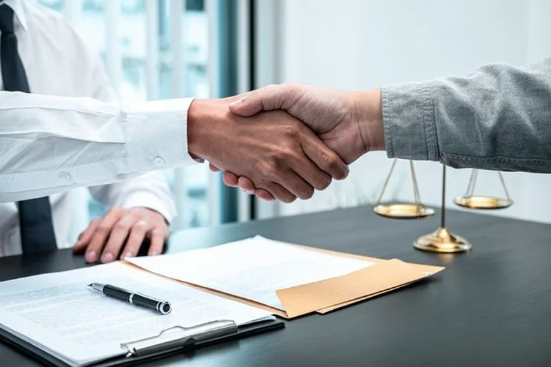 Lawyers handshaking over legal documents