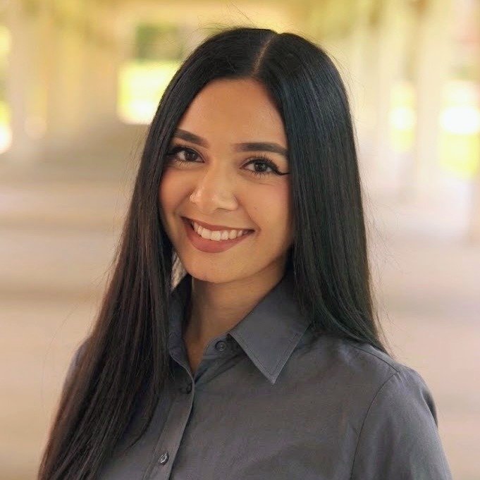 Smiling woman with long hair